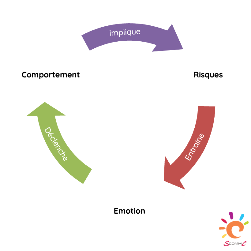 Comment un comportement pouvant faire penser à un traumatisme s'installe : le comportement implique qu'il y a des risques. Les risques entrainent le signal émotionnel. L'émotion déclenche le comportement.