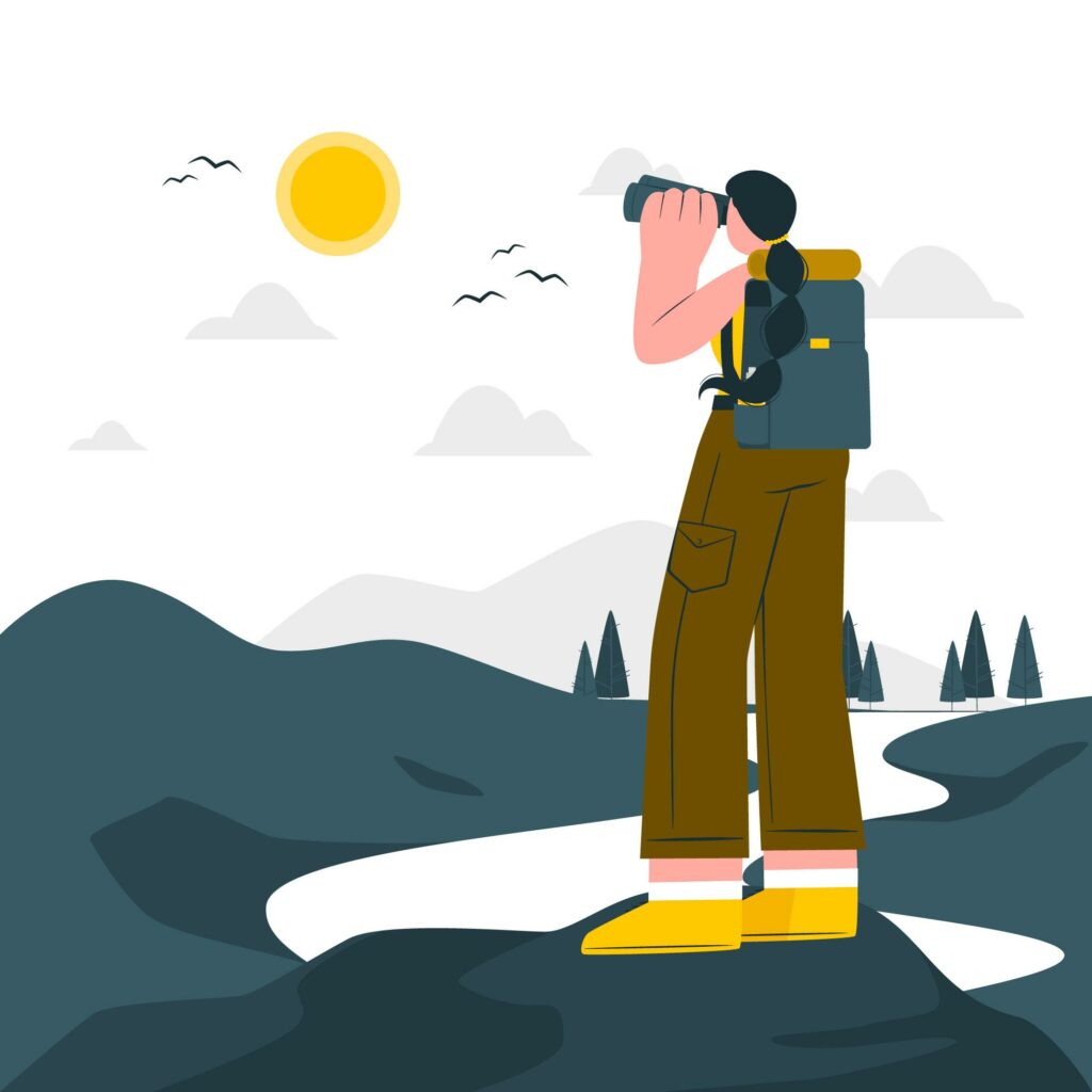 Dessin d'un personnage en tenue de randonneur, avec un sac à dos et observant le paysage avec des jumelles